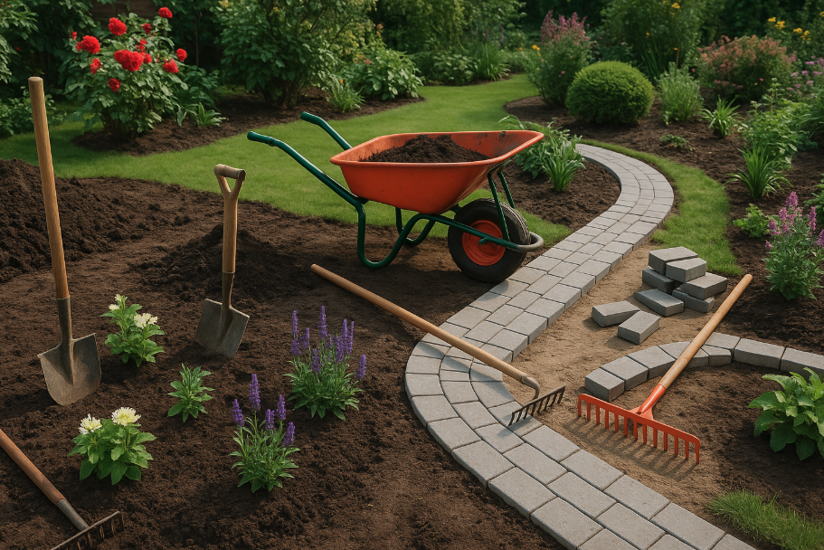Beautiful landscaping with stone path and gardening tools